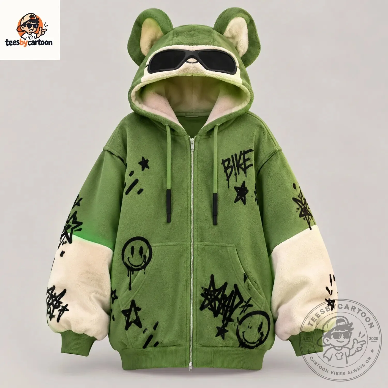 Billie Eilish Custom Y2K Streetwear Graffiti Bear Ear Oversized Zip Up Fleece Hoodie Jacket 4 Billie Eilish Custom Y2K Streetwear Graffiti Bear Ear Oversized Zip Up Fleece Hoodie Jacket