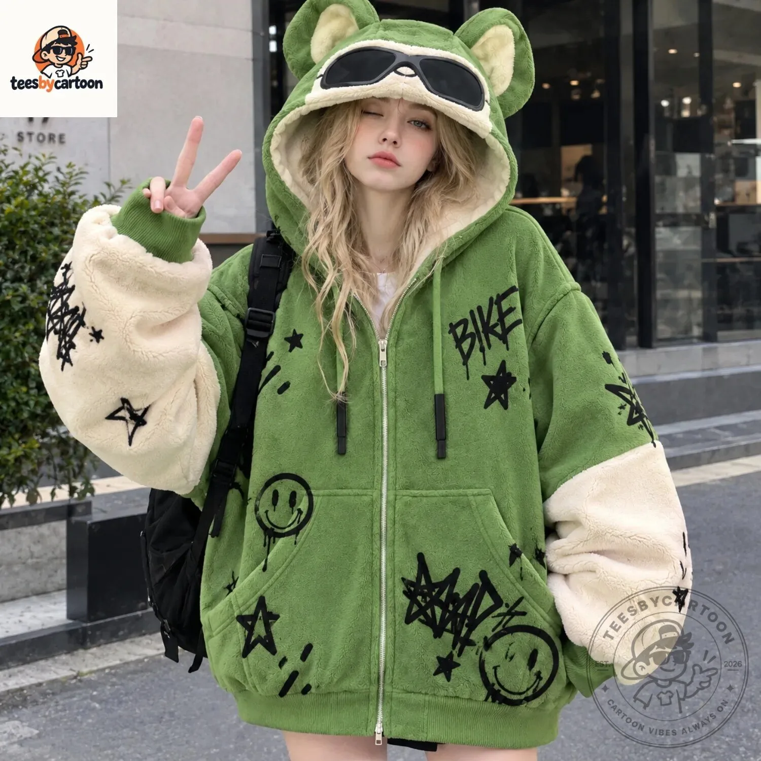 Billie Eilish Custom Y2K Streetwear Graffiti Bear Ear Oversized Zip Up Fleece Hoodie Jacket 5 Billie Eilish Custom Y2K Streetwear Graffiti Bear Ear Oversized Zip Up Fleece Hoodie Jacket