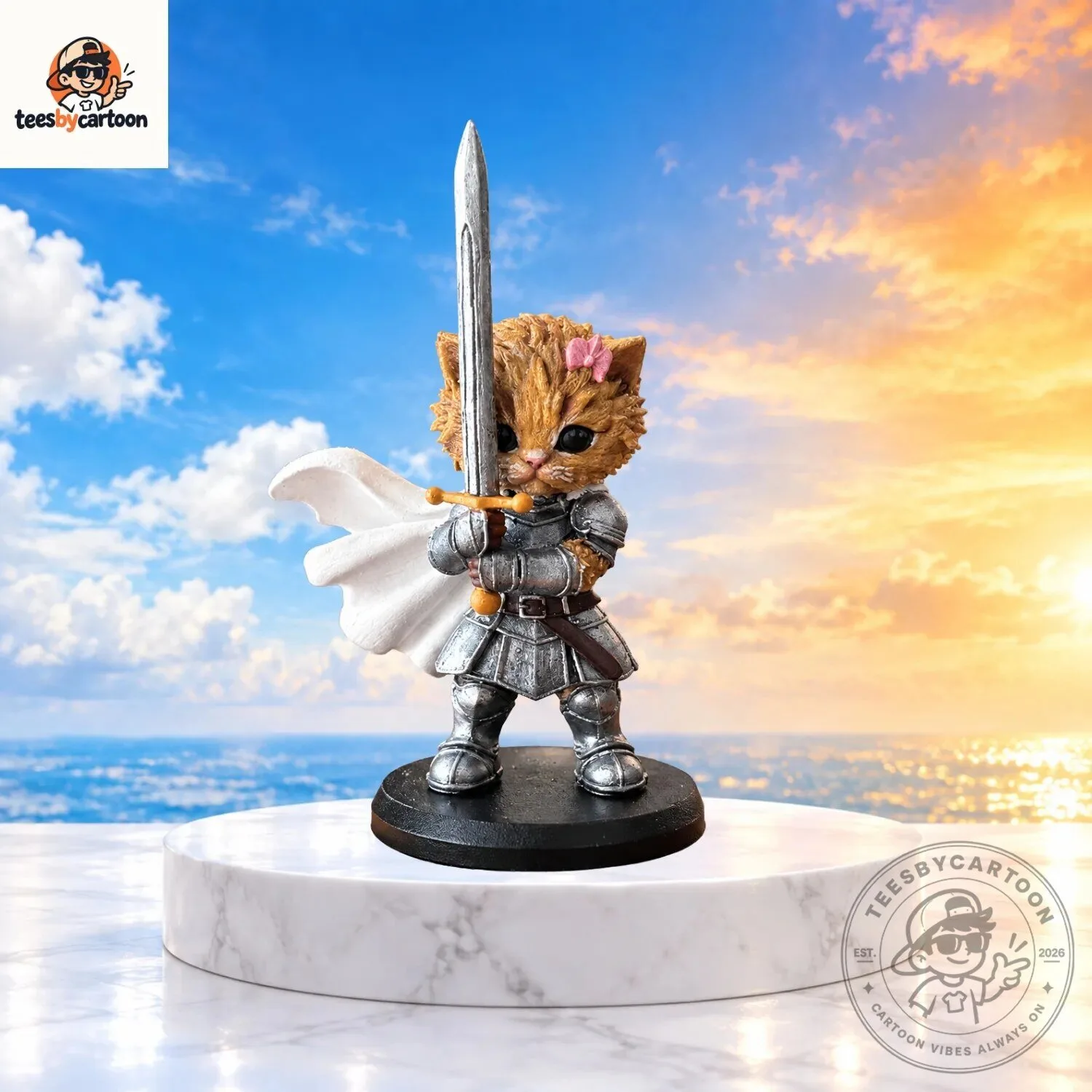 Cute Warrior Cat Knight Figurine with Sword and Cape
