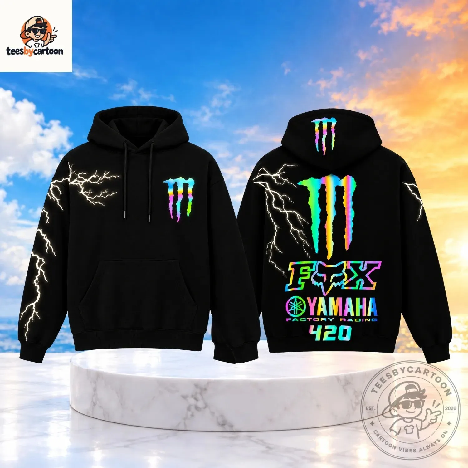 Monster Energy X Fox Racing Yamaha Factory Racing Lightning 420 Rainbow Graphic Hoodie