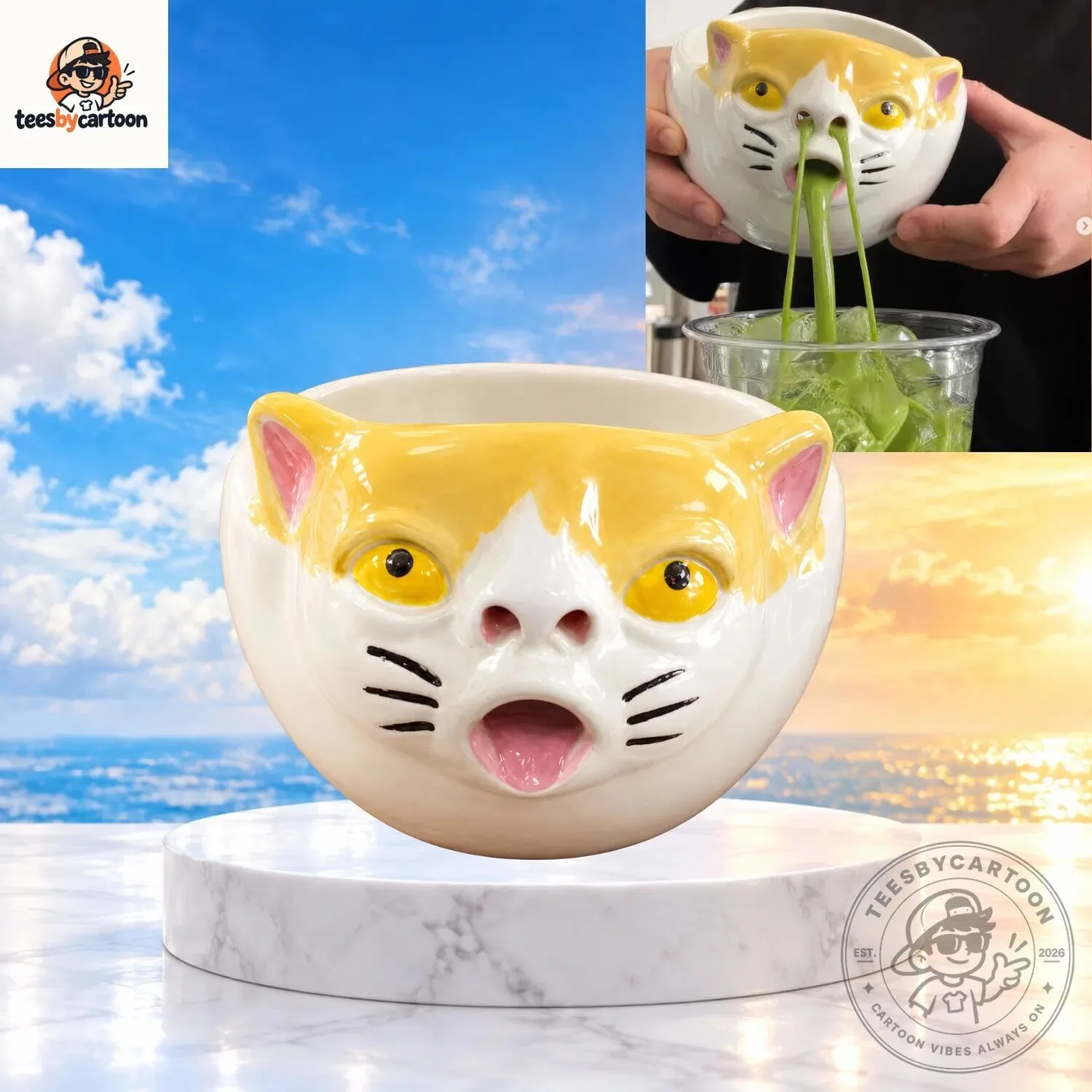 Orange and White Vomiting Cat Ceramic Matcha Bowl