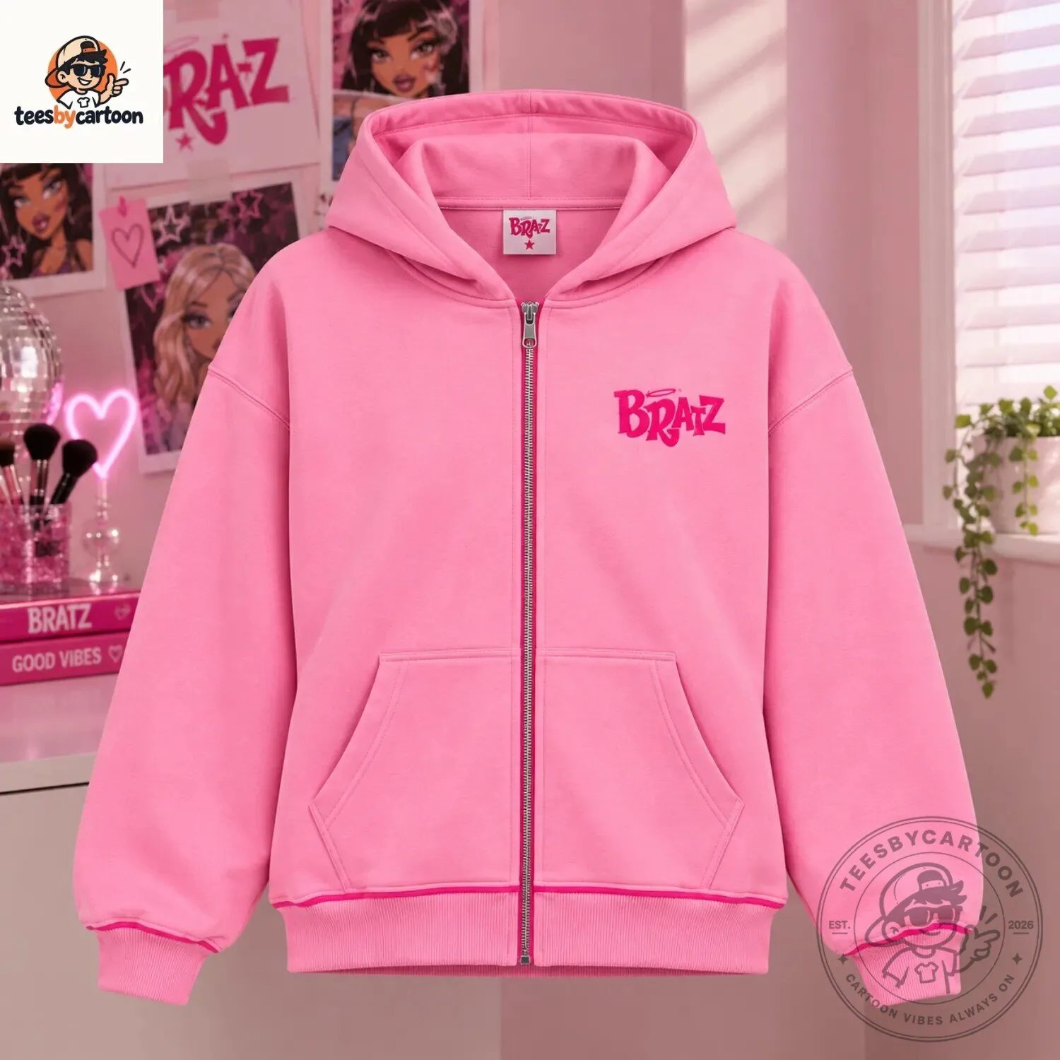 Cute Y2K Bratz Doll Pink Zip-Up Hoodie 4 Cute Y2K Bratz Doll Pink Zip-Up Hoodie