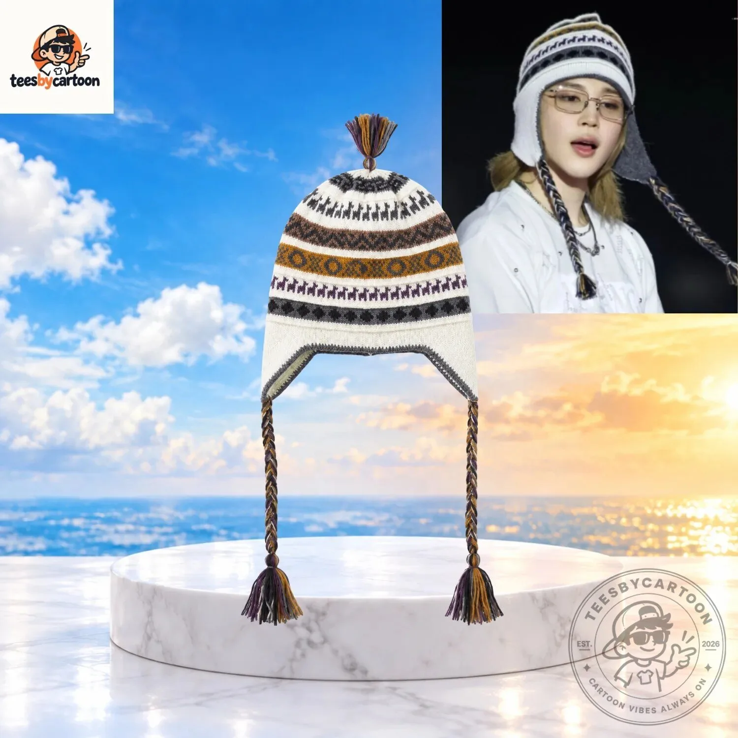 BTS Jimin World Tour ARIRANG Style Peruvian Chullo Knit Earflap Beanie Hat 2 BTS Jimin World Tour ARIRANG Style Peruvian Chullo Knit Earflap Beanie Hat