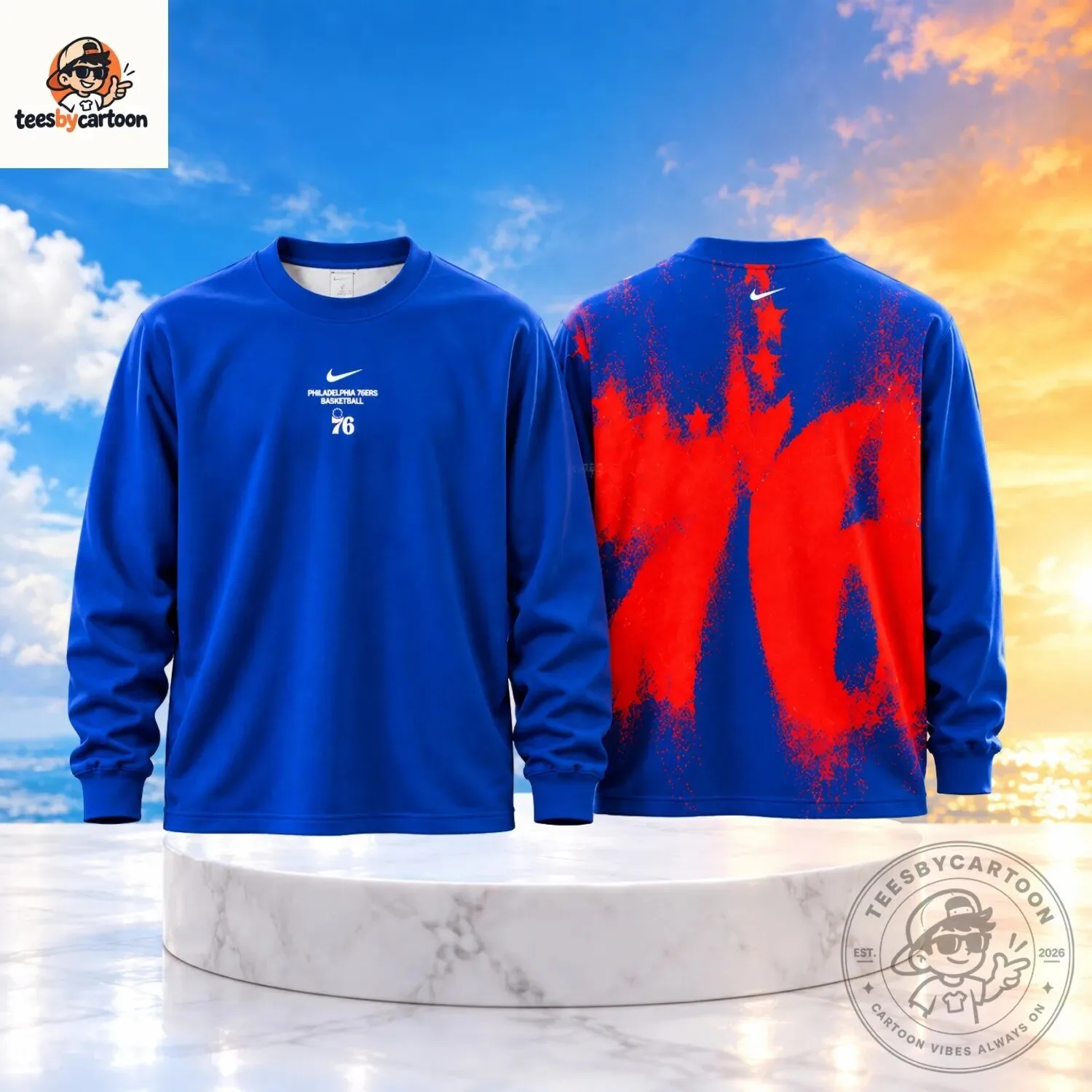 Nike NBA Philadelphia 76ers Basketball Blue Red Splash Graphic Long Sleeve Crewneck Sweatshirt