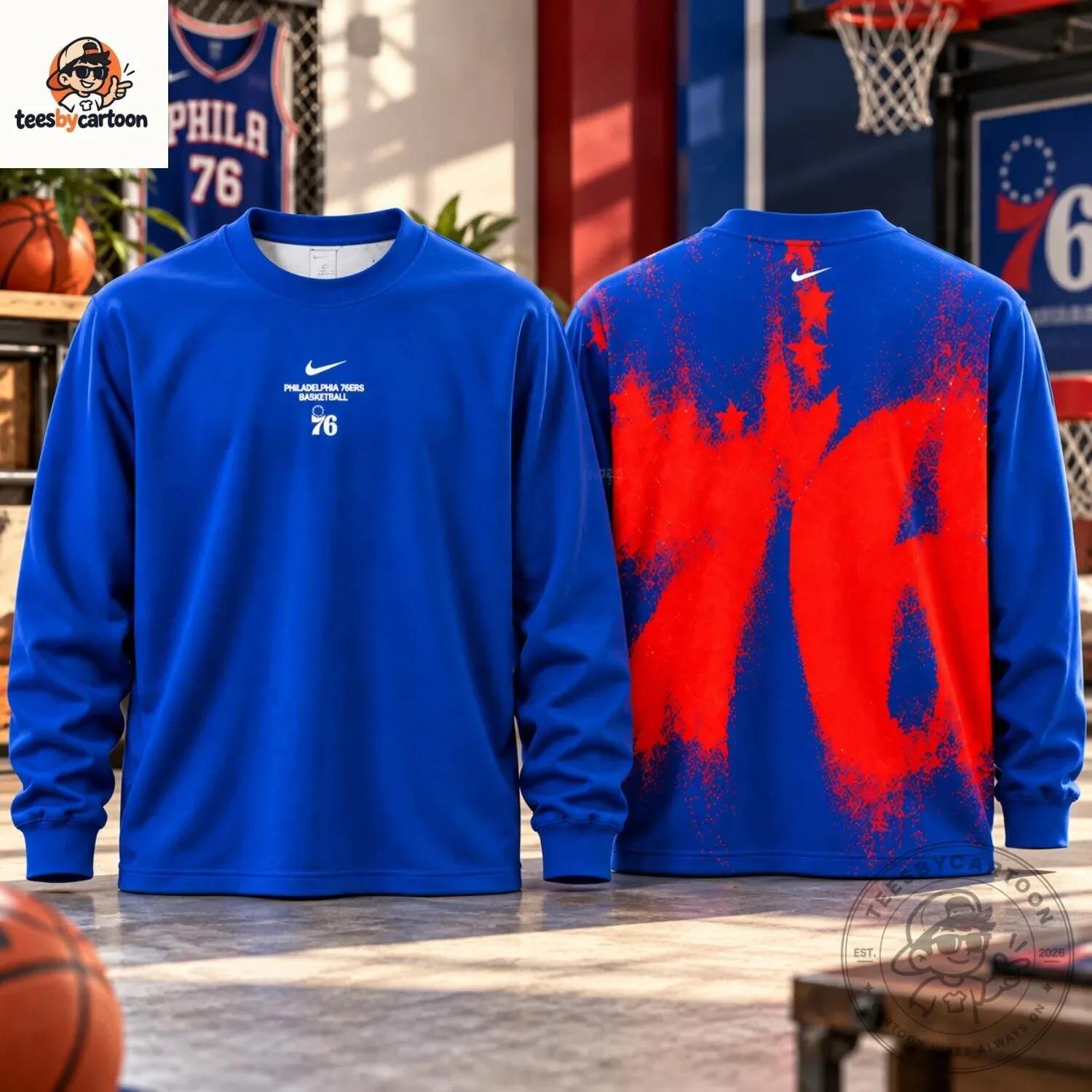 Nike NBA Philadelphia 76ers Basketball Blue Red Splash Graphic Long Sleeve Crewneck Sweatshirt 4 Nike NBA Philadelphia 76ers Basketball Blue Red Splash Graphic Long Sleeve Crewneck Sweatshirt