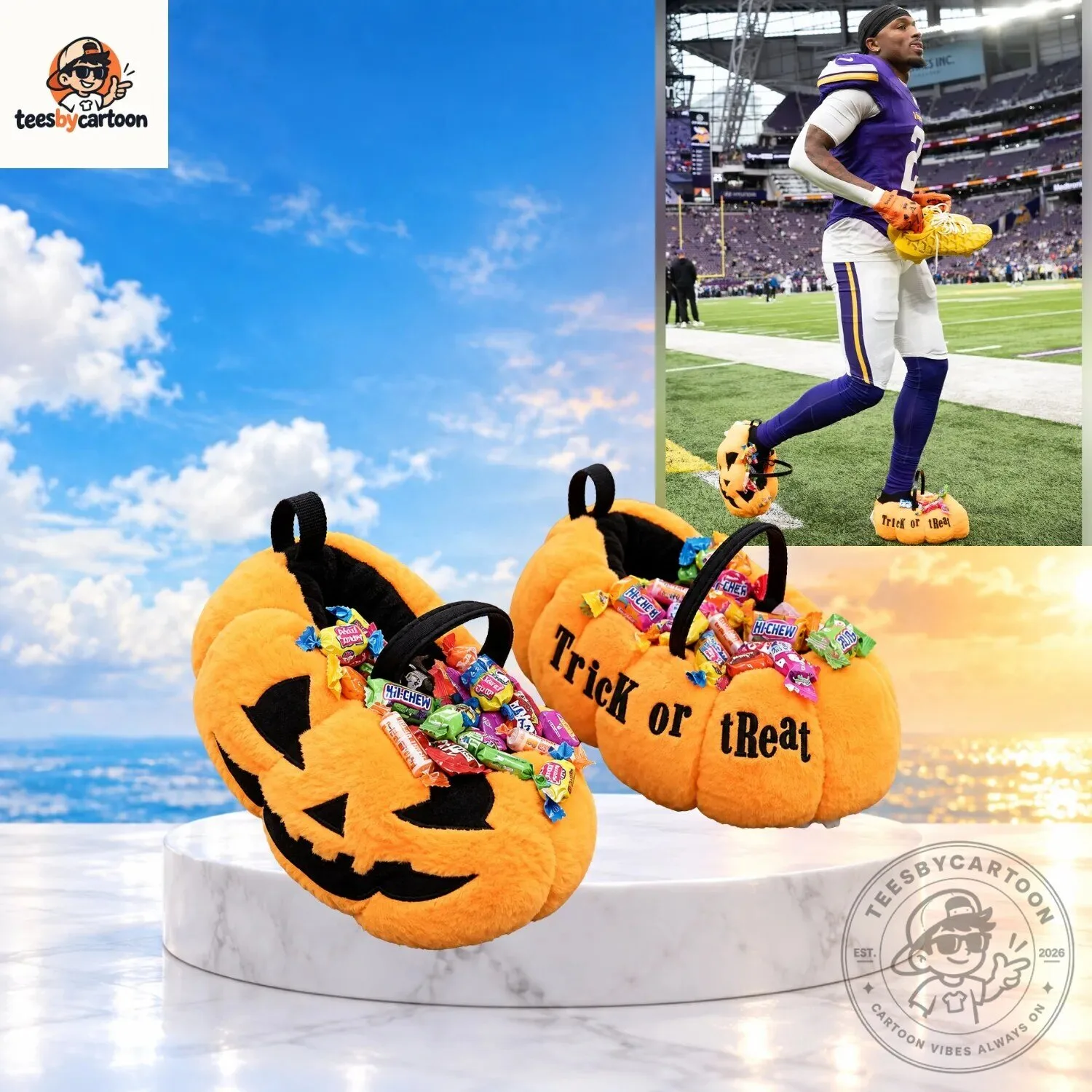 Justin Jefferson Pumpkin Trick or Treat Plush Slippers 3 Justin Jefferson Pumpkin Trick or Treat Plush Slippers