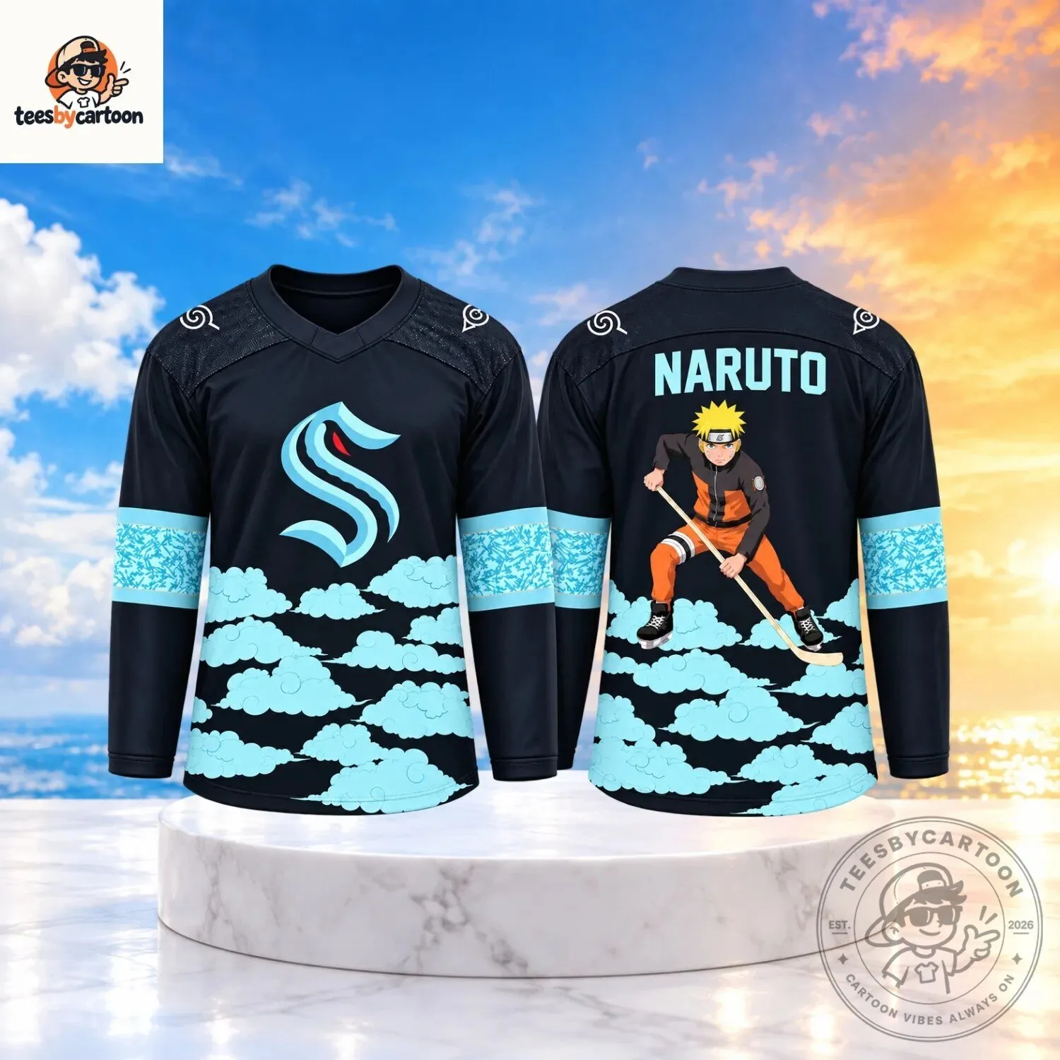 Seattle Kraken x Naruto Akatsuki Clouds Pattern Custom Hockey Jersey 2 Seattle Kraken x Naruto Akatsuki Clouds Pattern Custom Hockey Jersey
