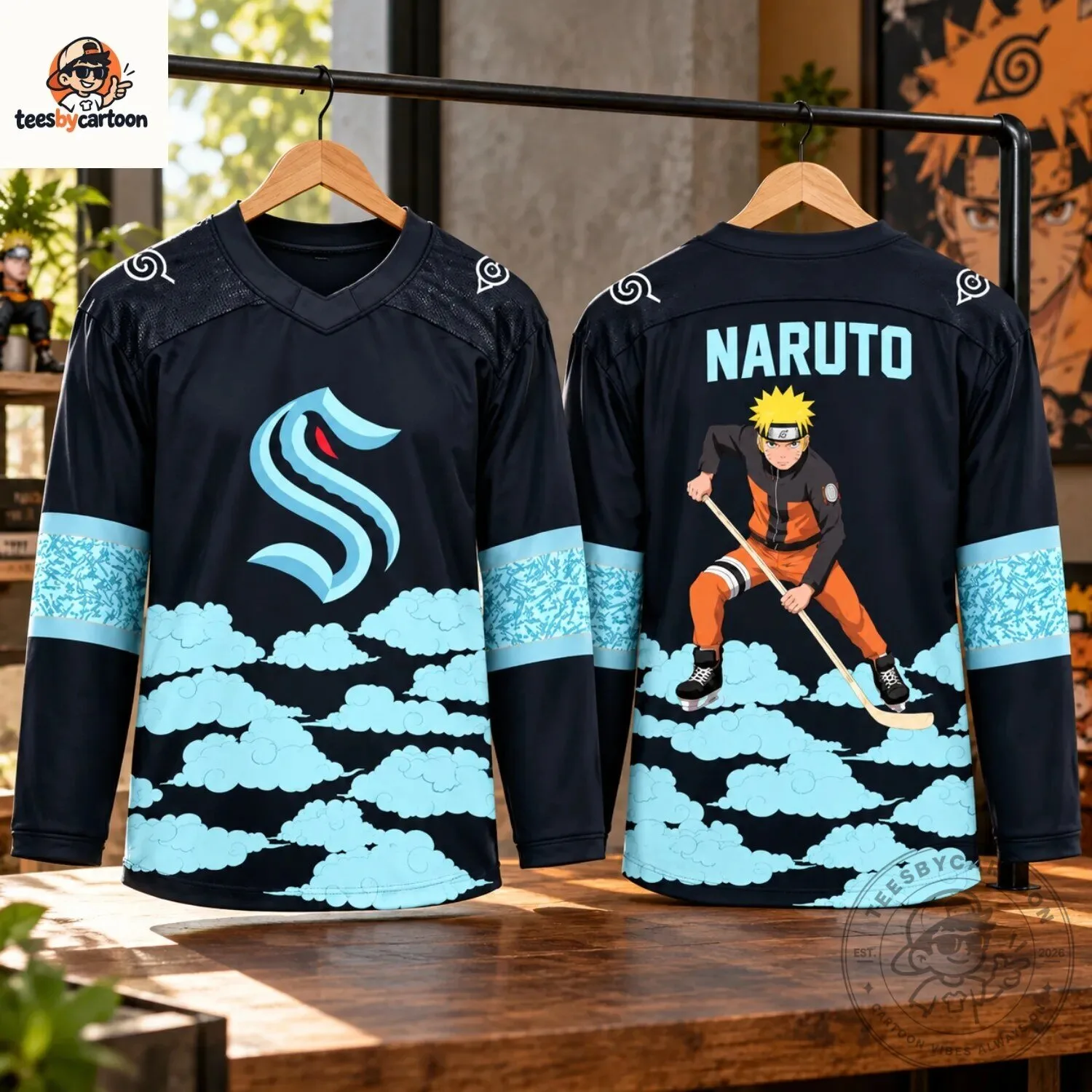 Seattle Kraken x Naruto Akatsuki Clouds Pattern Custom Hockey Jersey 3 Seattle Kraken x Naruto Akatsuki Clouds Pattern Custom Hockey Jersey