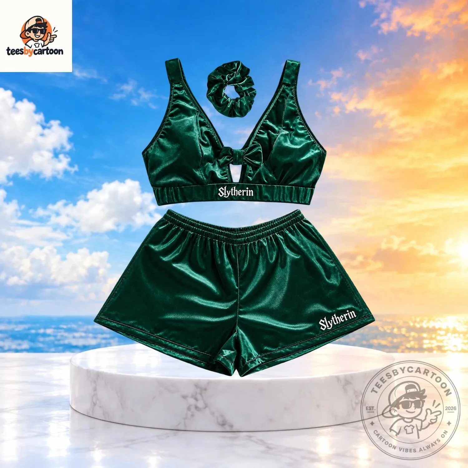 Harry Potter Slytherin House Crest Dark Green Satin Pajamas Matching Lounge Set