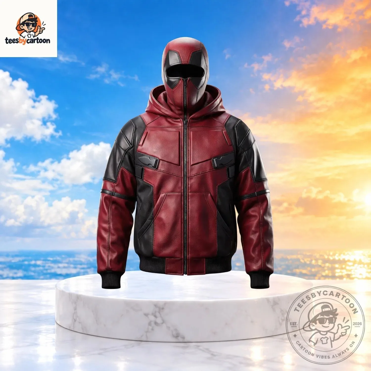 Marvel Deadpool Wade Wilson Cosplay Leather Bomber Jacket With Hood 3 Marvel Deadpool Wade Wilson Cosplay Leather Bomber Jacket With Hood